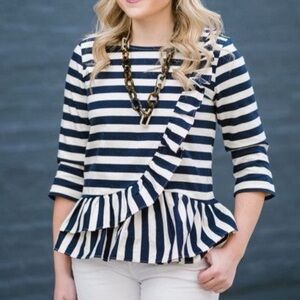 J.Crew Women’s Small Navy & White Striped Ruffle Hem Top